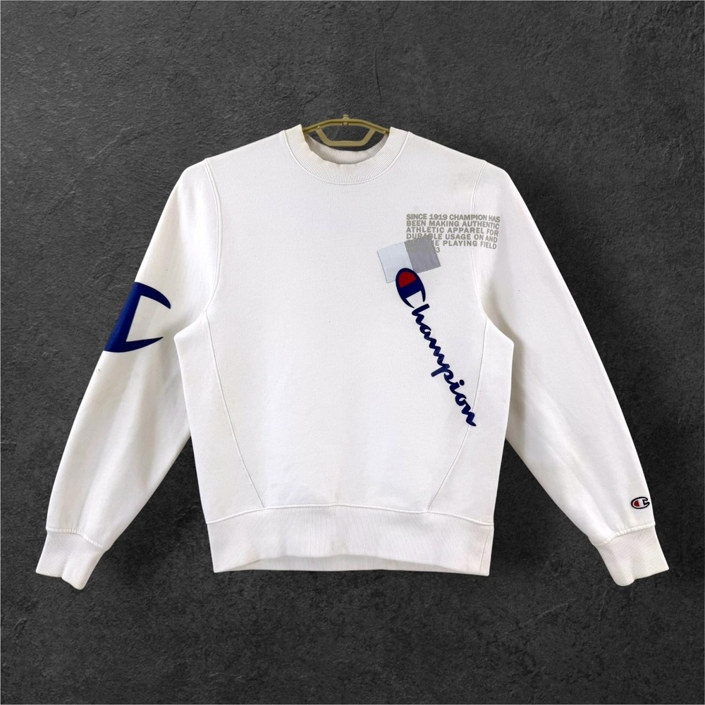 Champion Sweatshirt Mens S White Big Logo Script Crewneck Fleece Pullover